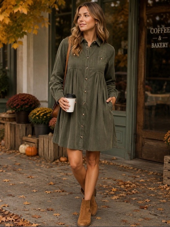 Dresses & Skirts - Long Sleeve Button-Up Corduroy Shirt Dress NWT